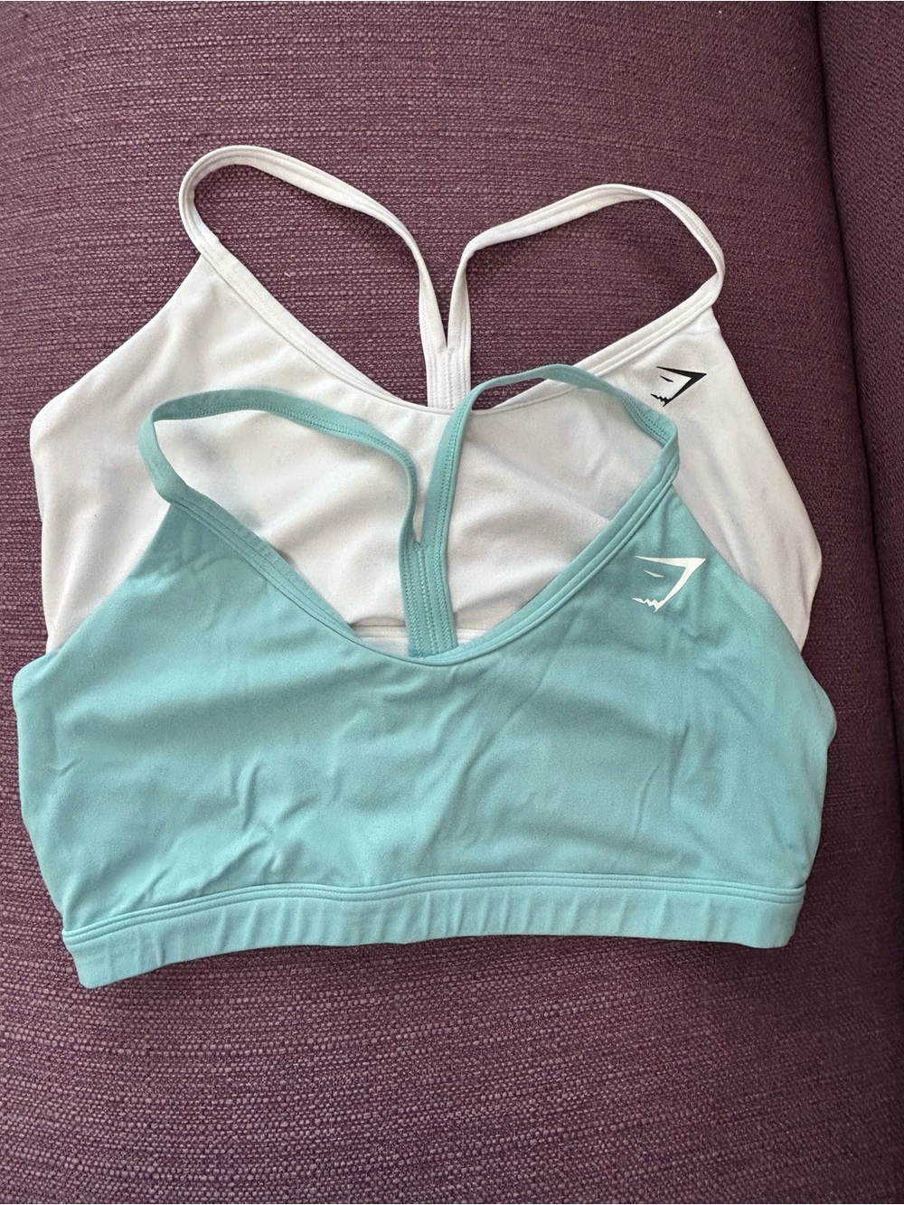 Gymshark Light Blue and White Seamless Strappy Sports Bras